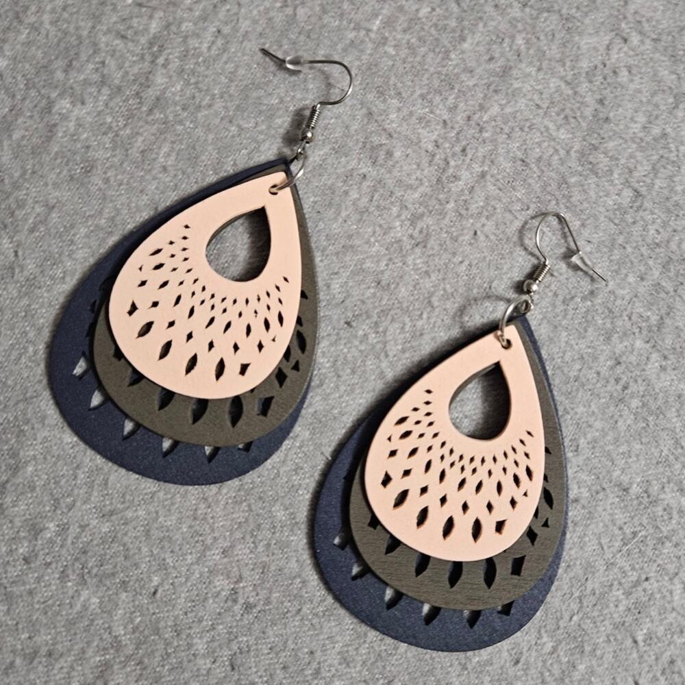 Boutique Triple Layer Tan-Brown & Grey Boho Lightweight Wooden Earrings